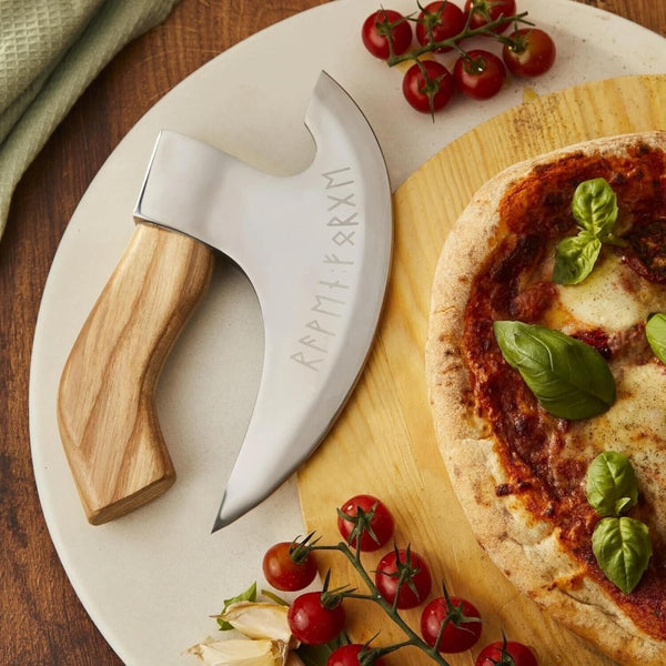 Custom Handmade Ax Pizza Cutter with 8" J2 Steel Blade and Hand - Engraved Ash Wood Handle - The Snag Bin
