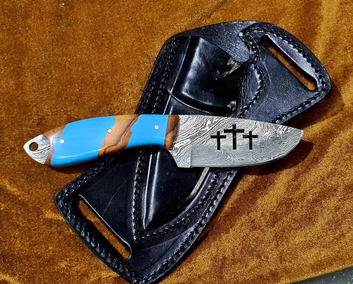 Custom Handmade Bull Sheath Leather Knife with 4.5" Damascus Steel Blade - The Snag Bin