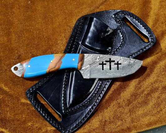 Custom Handmade Bull Sheath Leather Knife with 4.5" Damascus Steel Blade - The Snag Bin