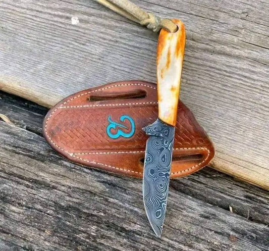 Custom Handmade Damascus Belt Knife with Camel Bone Handle - The Snag Bin