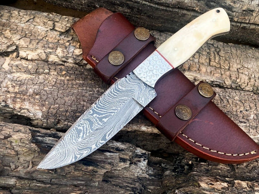 Custom Handmade Damascus Bushcraft Knife – Camel Bone Handle - The Snag Bin