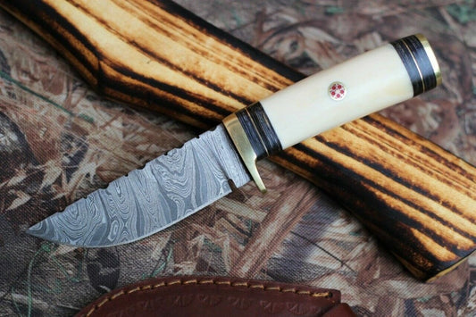 Custom Handmade Damascus Camping Knife with Camel Bone Handle - The Snag Bin