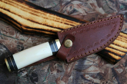Custom Handmade Damascus Camping Knife with Camel Bone Handle - The Snag Bin
