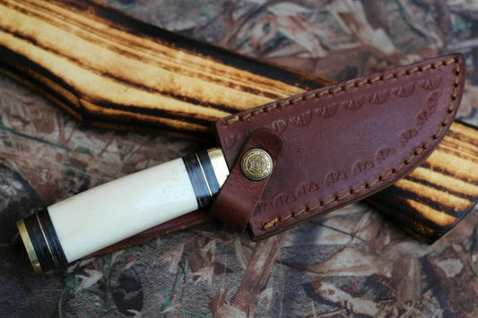 Custom Handmade Damascus Camping Knife with Camel Bone Handle - The Snag Bin