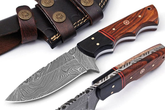 Custom Handmade Damascus Skinner Knife with Buffalo Horn and Rosewood Handle - 4.5" Blade - The Snag Bin