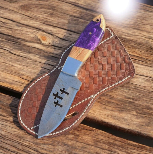 Custom Handmade Damascus Skinner Knife with Olive Wood Handle – Premium Hunting & Outdoor Knife - The Snag Bin