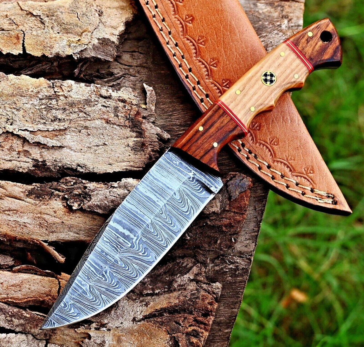 Custom Handmade Damascus Skinning Knife – Olive and Rosewood Handle, 4.5" Blade - The Snag Bin