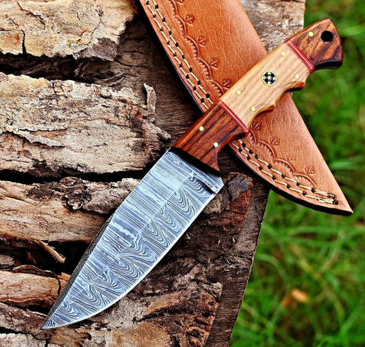 Custom Handmade Damascus Skinning Knife – Olive and Rosewood Handle, 4.5" Blade - The Snag Bin