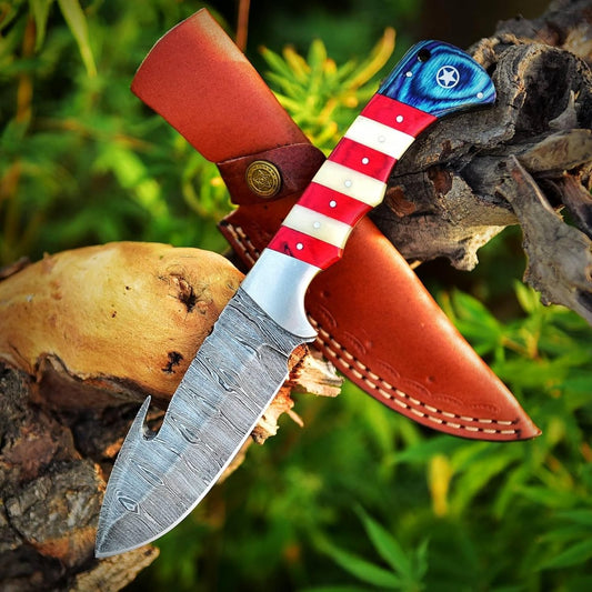 Custom Handmade Damascus Skinning Knife with American Flag Handle - The Snag Bin