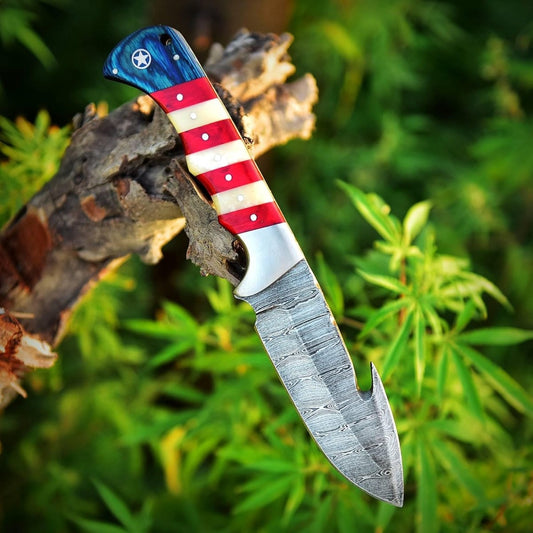 Custom Handmade Damascus Skinning Knife with American Flag Handle - The Snag Bin