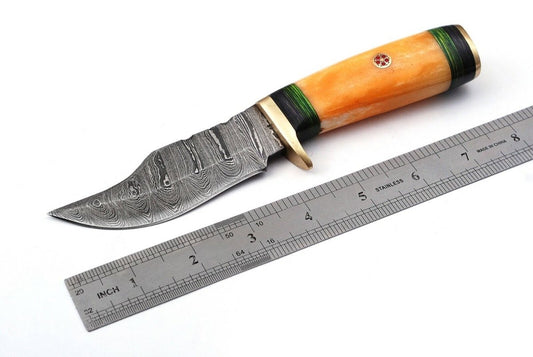 Custom Handmade Damascus Skinning Knife with Camel Bone Handle - The Snag Bin