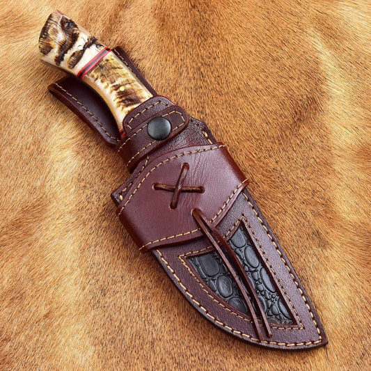 Custom Handmade Damascus Skinning Knife with Sheep Horn Handle – 4.5" Blade - The Snag Bin
