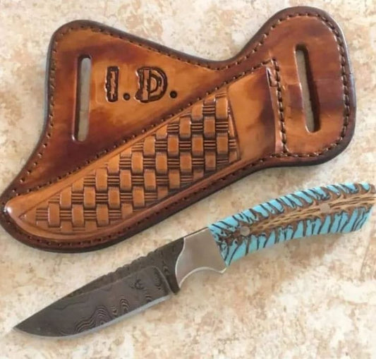 Custom Handmade Damascus Steel Belt Knife with Resin Handle & Leather Sheath - The Snag Bin