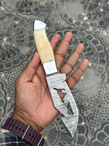 Custom Handmade Damascus Steel Knife in a Belt – Camel Bone Handle - The Snag Bin