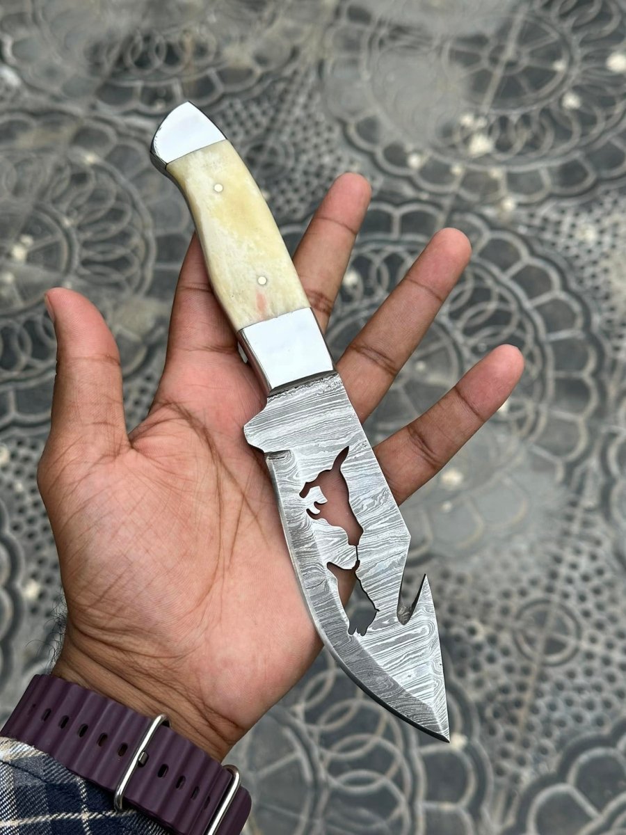 Custom Handmade Damascus Steel Knife in a Belt – Camel Bone Handle - The Snag Bin