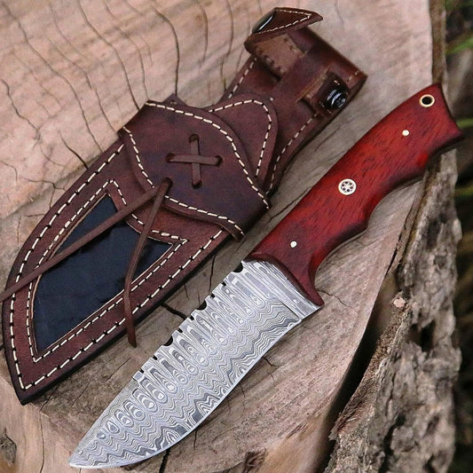 Custom Handmade Damascus Steel Skinner Knife with Padauk Wood Handle – 4.5” Blade - The Snag Bin