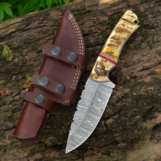 Custom Handmade Damascus Steel Skinner Knife with Sheep Horn Handle – 4.5" Blade - The Snag Bin