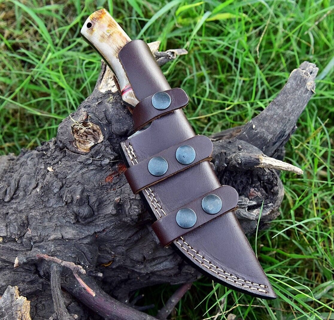 Custom Handmade Damascus Steel Skinner Knife with Sheep Horn Handle – 4.5" Blade - The Snag Bin