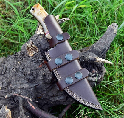 Custom Handmade Damascus Steel Skinner Knife with Sheep Horn Handle – 4.5" Blade - The Snag Bin