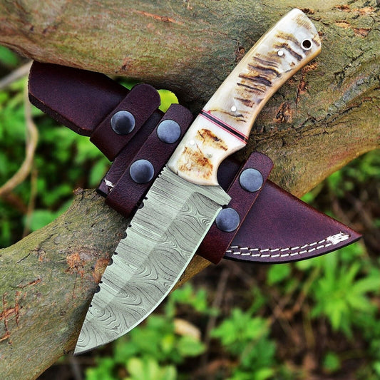 Custom Handmade Damascus Steel Skinning Knife – 4.5 - Inch Sheep Horn Handle - The Snag Bin