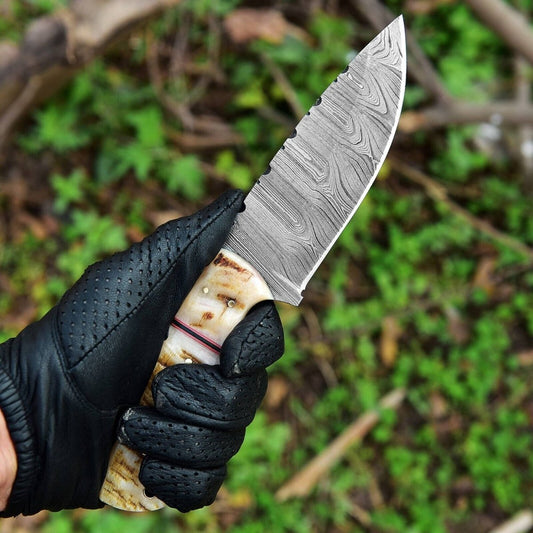 Custom Handmade Damascus Steel Skinning Knife – 4.5 - Inch Sheep Horn Handle - The Snag Bin