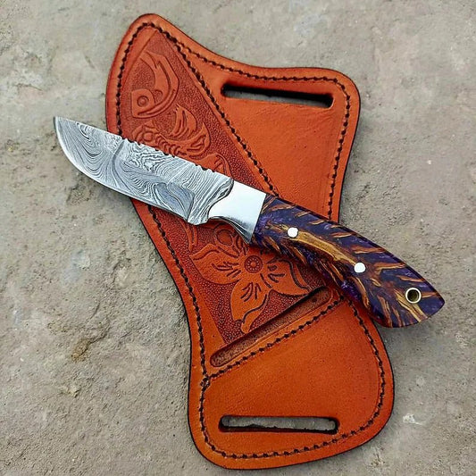 Custom Handmade Fixed Blade Cowboy Knife – Damascus Steel Pine Cone Handle - The Snag Bin