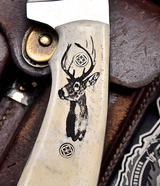 Custom Handmade J2 Steel Skinning Knife – 4.5" Blade, Engraved Camel Bone Handle - The Snag Bin