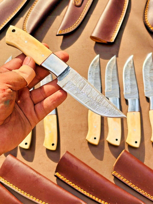 Custom Handmade Skinner Knife – Damascus Steel, Camel Bone Handle - The Snag Bin