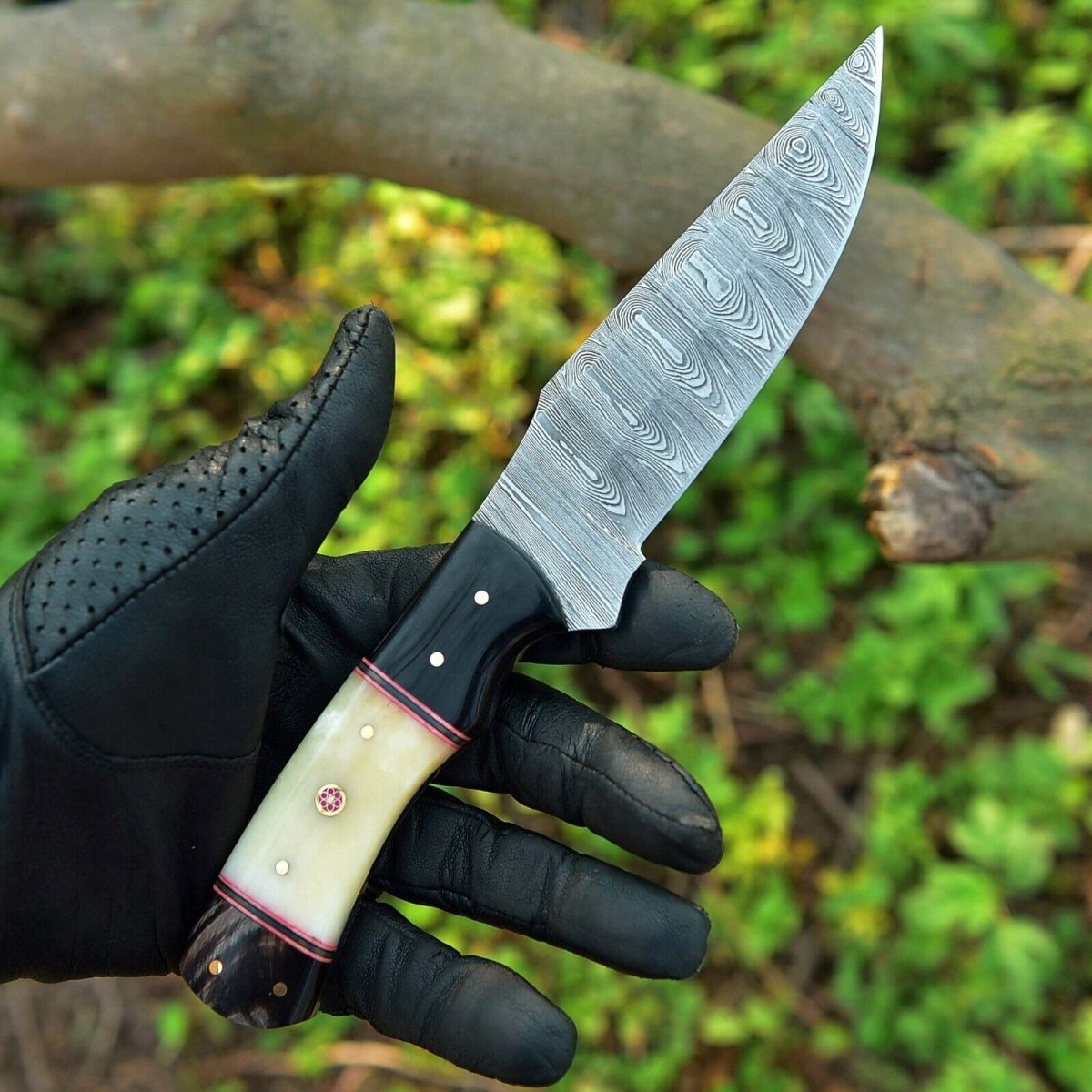 Custom Handmade Skinning Knife Set - 4.5" Damascus Blade, Camel Bone & Resin Handle - The Snag Bin