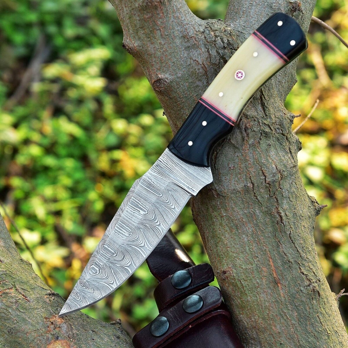 Custom Handmade Skinning Knife Set - 4.5" Damascus Blade, Camel Bone & Resin Handle - The Snag Bin