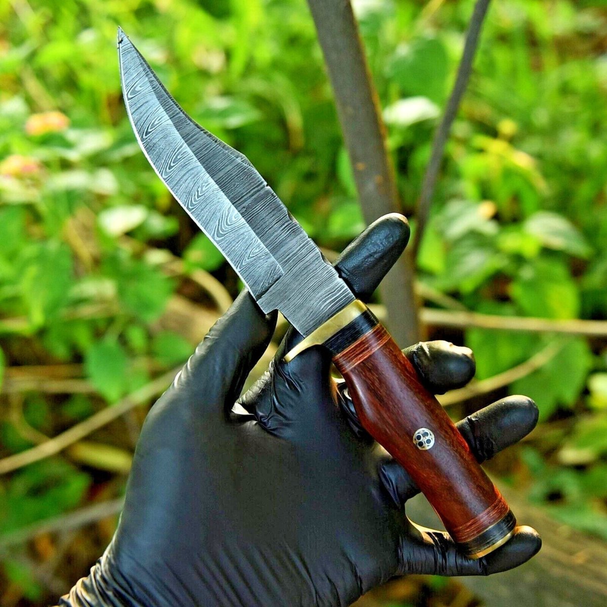 Damascus Steel Hunting Knife – 10" Blade with Brass Guard & Resin Pakkawood Handle, Leather Sheath Included - The Snag Bin