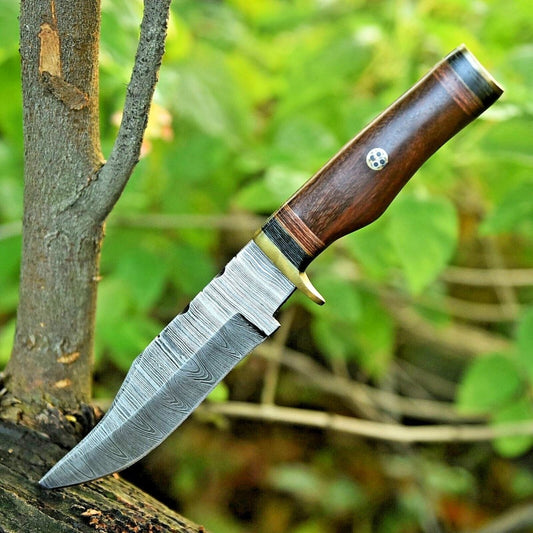 Damascus Steel Hunting Knife – 10" Blade with Brass Guard & Resin Pakkawood Handle, Leather Sheath Included - The Snag Bin