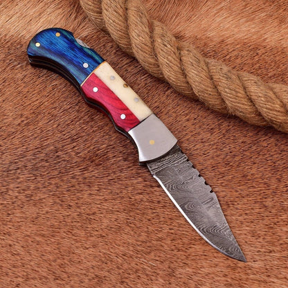 Exclusive Texas Flag Damascus Steel Pocket Knife – 3" Blade with Leather Sheath | Perfect Gift for Collectors - The Snag Bin