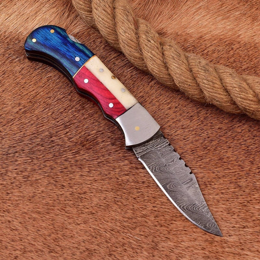 Exclusive Texas Flag Damascus Steel Pocket Knife – 3" Blade with Leather Sheath | Perfect Gift for Collectors - The Snag Bin