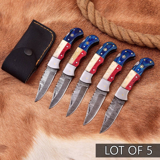 Exclusive Texas Flag Damascus Steel Pocket Knife – 3" Blade with Leather Sheath | Perfect Gift for Collectors - The Snag Bin