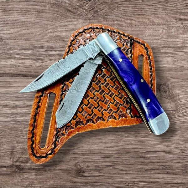 Folding Bull Cutter Knife - Custom Handmade Damascus Steel - The Snag Bin