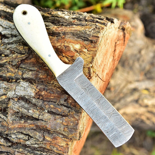 Gareth Bull Style Knife – 8" Damascus Steel Blade with Camel Bone Handle & Western Leather Sheath - The Snag Bin