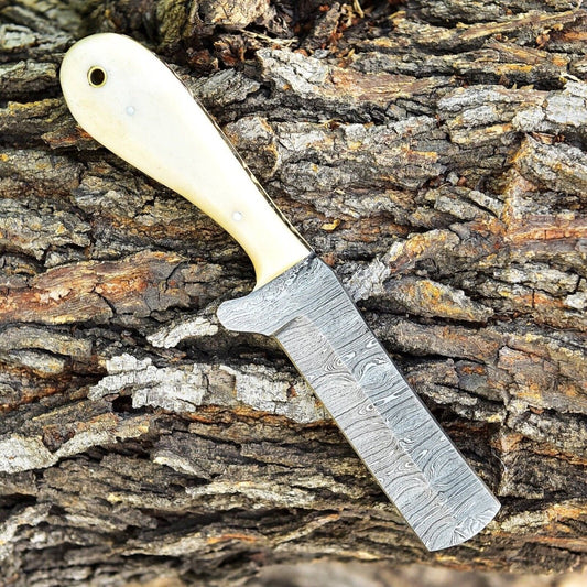 Gareth Bull Style Knife – 8" Damascus Steel Blade with Camel Bone Handle & Western Leather Sheath - The Snag Bin