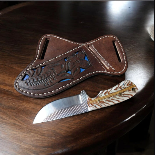 Handmade Cowboy Belt Knife with Rasp Steel Blade & Pine Cone Handle – Western Leather Sheath - The Snag Bin