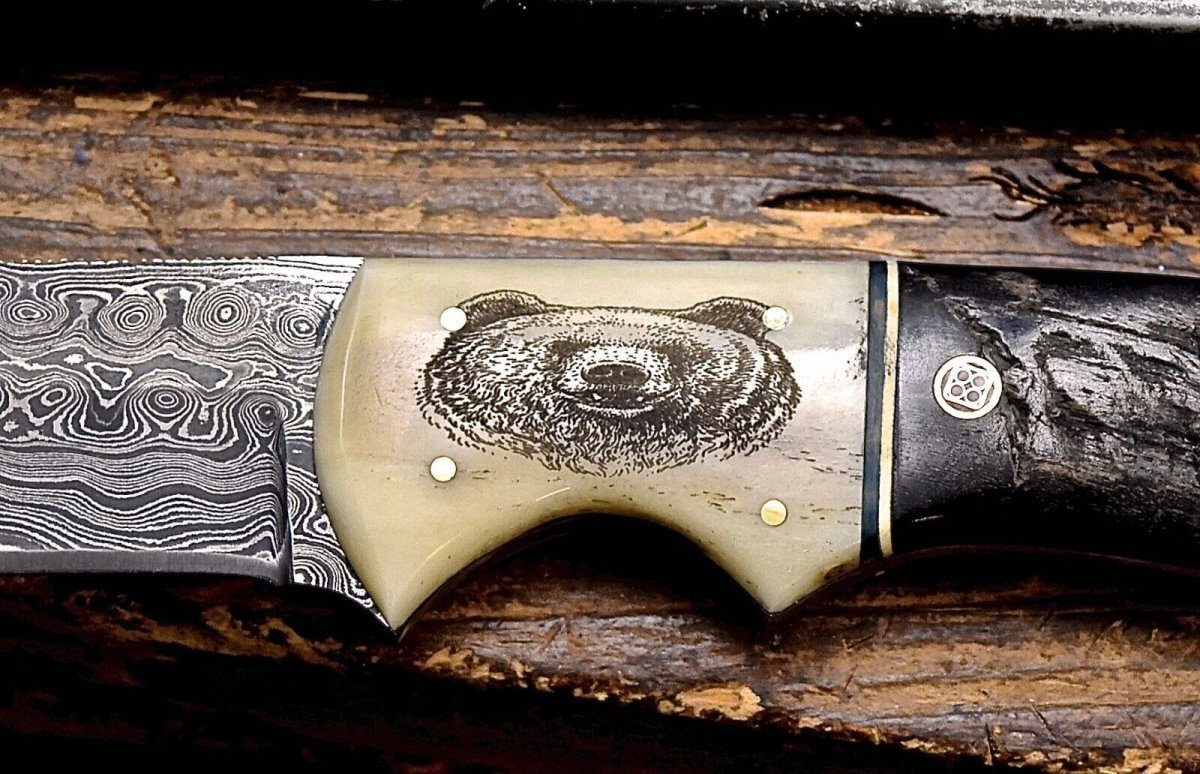 Handmade Damascus Skinning Knife with Camel Bone & Sheep Horn Handle - The Snag Bin