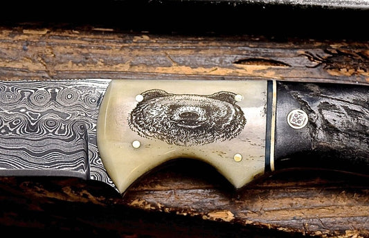 Handmade Damascus Skinning Knife with Camel Bone & Sheep Horn Handle - The Snag Bin