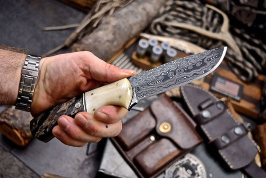 Handmade Damascus Skinning Knife with Camel Bone & Sheep Horn Handle - The Snag Bin