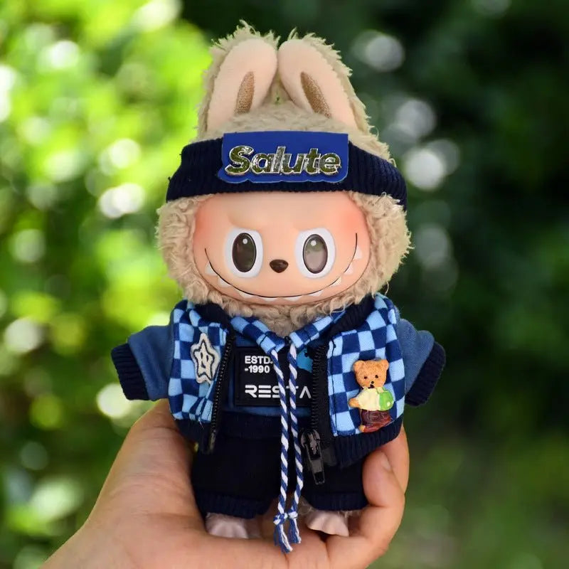 Labubu 17cm Blue Plaid Sweatshirt Outfit, Casual Keychain Fashion Set for Labubu Dolls【Apparel Only]