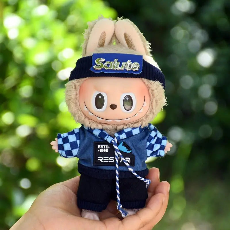 Labubu 17cm Blue Plaid Sweatshirt Outfit, Casual Keychain Fashion Set for Labubu Dolls【Apparel Only]