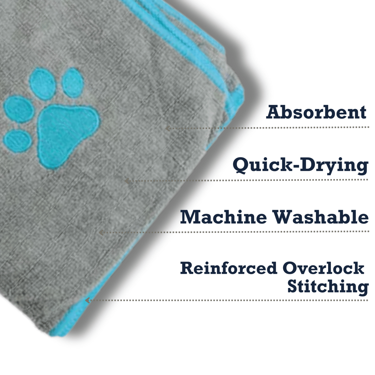 Large Gray Microfiber Dog Bath Towel with Teal Embroidered Paw Print - The Snag Bin