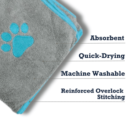 Large Gray Microfiber Dog Bath Towel with Teal Embroidered Paw Print - The Snag Bin
