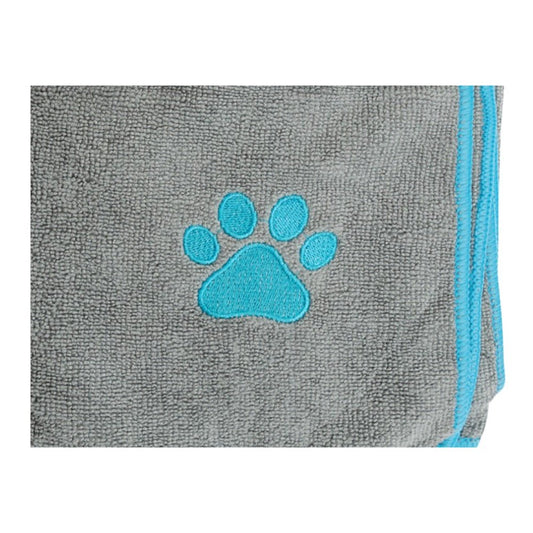 Large Gray Microfiber Dog Bath Towel with Teal Embroidered Paw Print - The Snag Bin