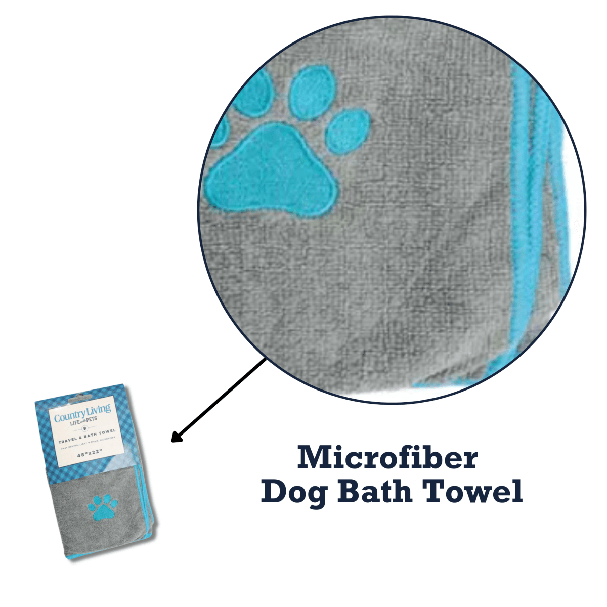 Large Gray Microfiber Dog Bath Towel with Teal Embroidered Paw Print - The Snag Bin