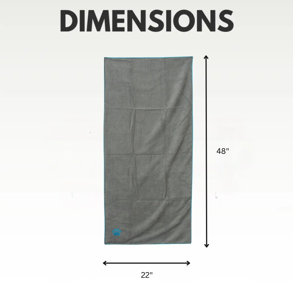 Large Gray Microfiber Dog Bath Towel with Teal Embroidered Paw Print - The Snag Bin
