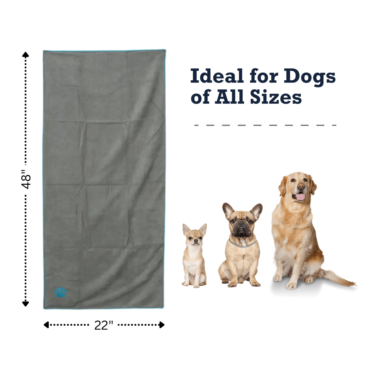 Large Gray Microfiber Dog Bath Towel with Teal Embroidered Paw Print - The Snag Bin